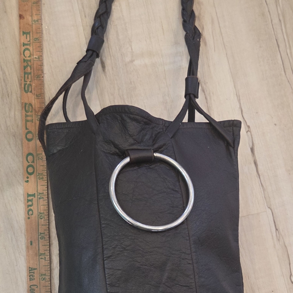 Brown Leather Shoulder Bag with Silver Ring Accent And Braided Strap